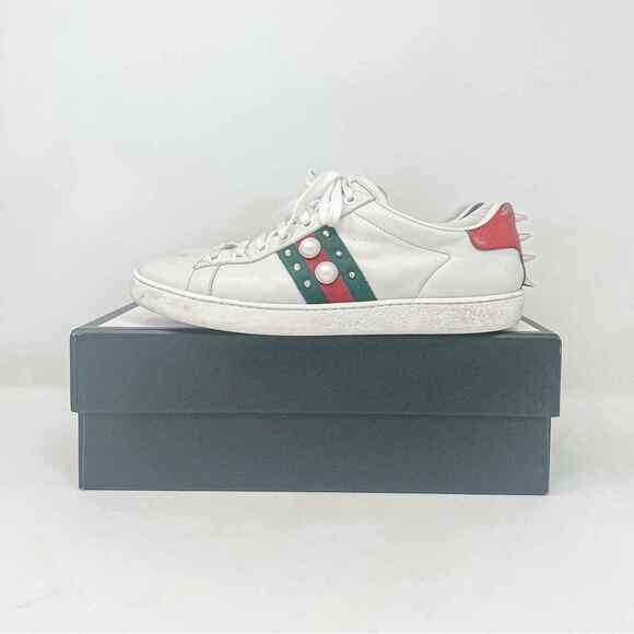 Gucci Ace Web Embellished Spikes & Studs White Leather Lace Up Sneakers EU 38 - Picture 5 of 8